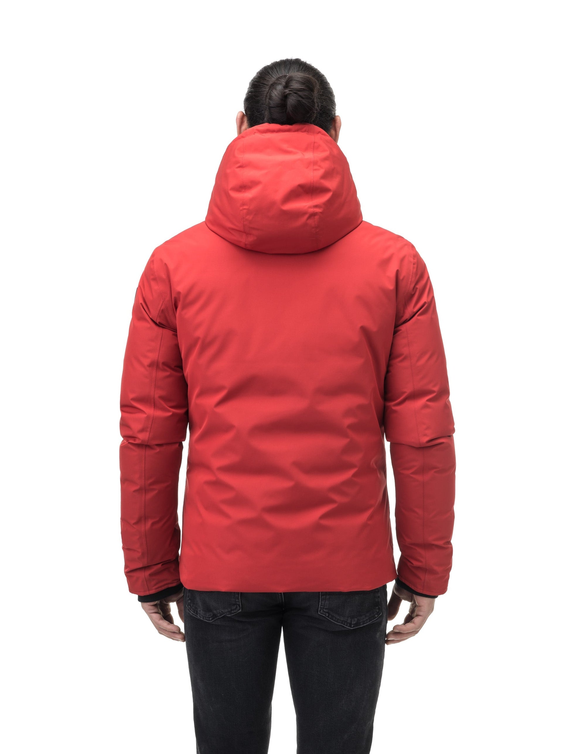 Chris Men's Mid Weight Reversible Puffer Jacket in hip length, Canadian duck down insulation, non-removable adjustable hood, ribbed cuffs, and quilted body on reversible side, in Vermillion