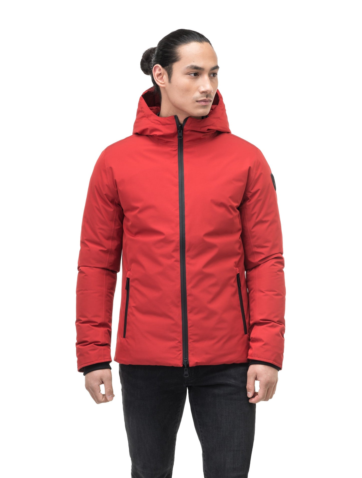 Chris Men's Mid Weight Reversible Puffer Jacket in hip length, Canadian duck down insulation, non-removable adjustable hood, ribbed cuffs, and quilted body on reversible side, in Vermillion