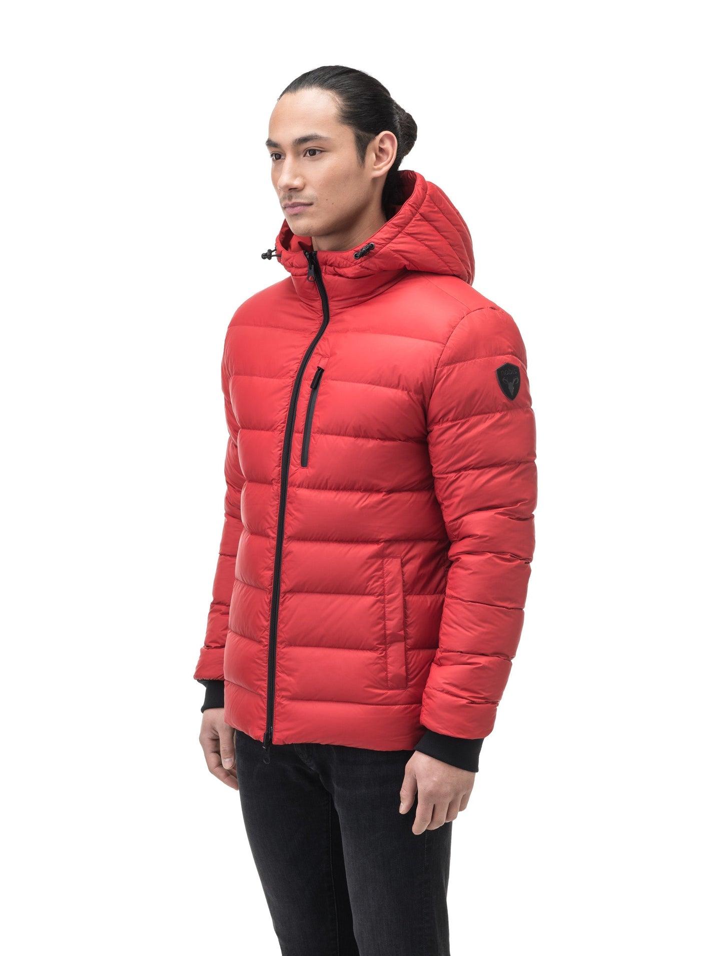 Chris Men's Mid Weight Reversible Puffer Jacket in hip length, Canadian duck down insulation, non-removable adjustable hood, ribbed cuffs, and quilted body on reversible side, in Vermillion