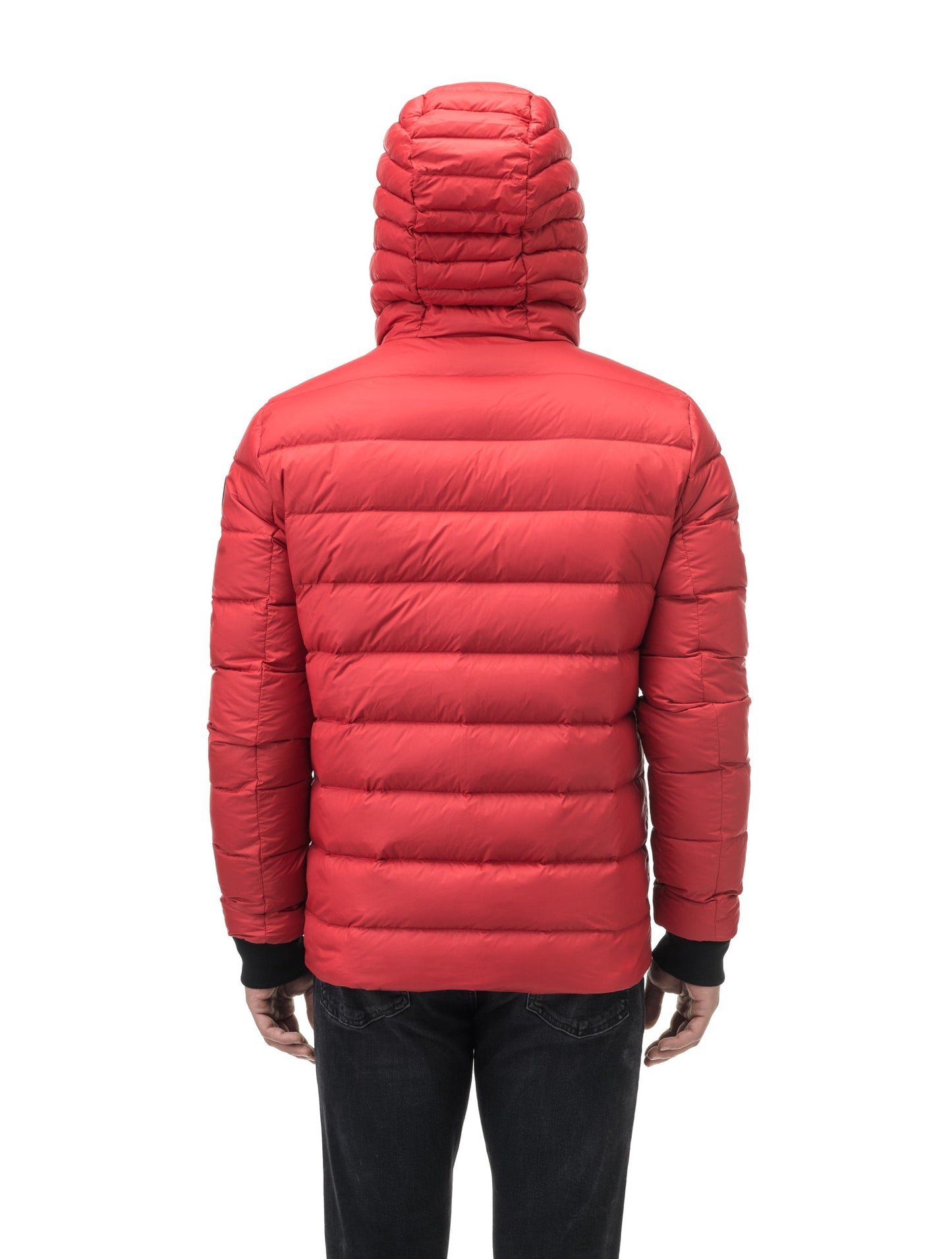 Chris Men's Mid Weight Reversible Puffer Jacket in hip length, Canadian duck down insulation, non-removable adjustable hood, ribbed cuffs, and quilted body on reversible side, in Vermillion