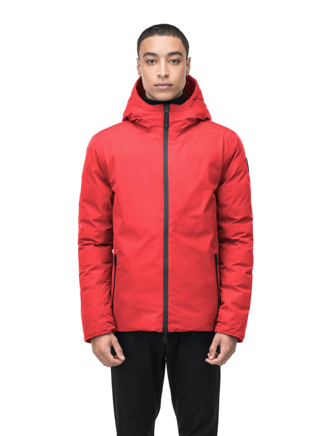 Chris Men's Mid Weight Reversible Puffer Jacket in hip length, Canadian duck down insulation, non-removable adjustable hood, ribbed cuffs, and quilted body on reversible side, in Vermillion