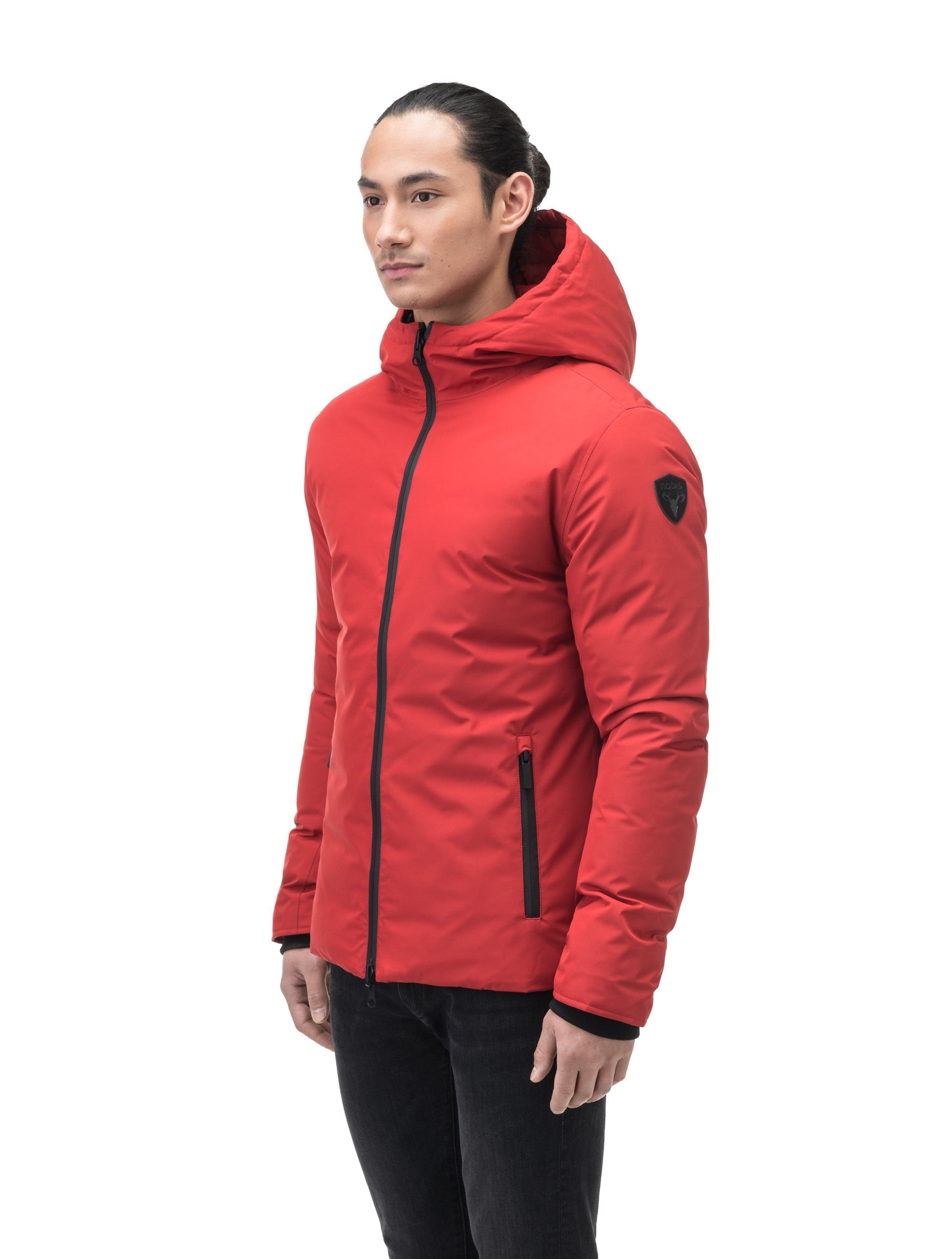 Chris Men's Mid Weight Reversible Puffer Jacket in hip length, Canadian duck down insulation, non-removable adjustable hood, ribbed cuffs, and quilted body on reversible side, in Vermillion