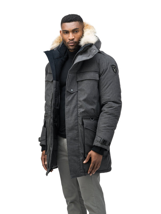 Men's extreme wamrth down filled parka with baffle box construction for even down distribution in H. Charcoal + H. Charcoal