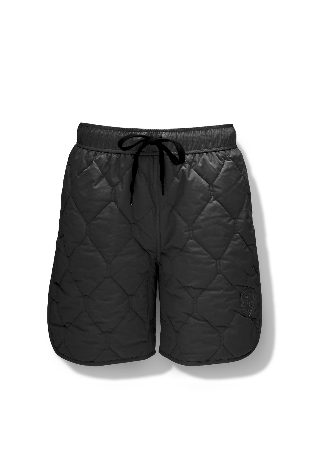 Curt Men's Performance Quilted Shorts at knee length, premium stretch nylon and stretch ripstop fabricaiton, premium 4-way stretch, water resistant Primaloft Gold Insulation Active+, side seam pockets, exteriror back pocket, elasticized waist with drawcords, and notch detailing at side seams, in Black