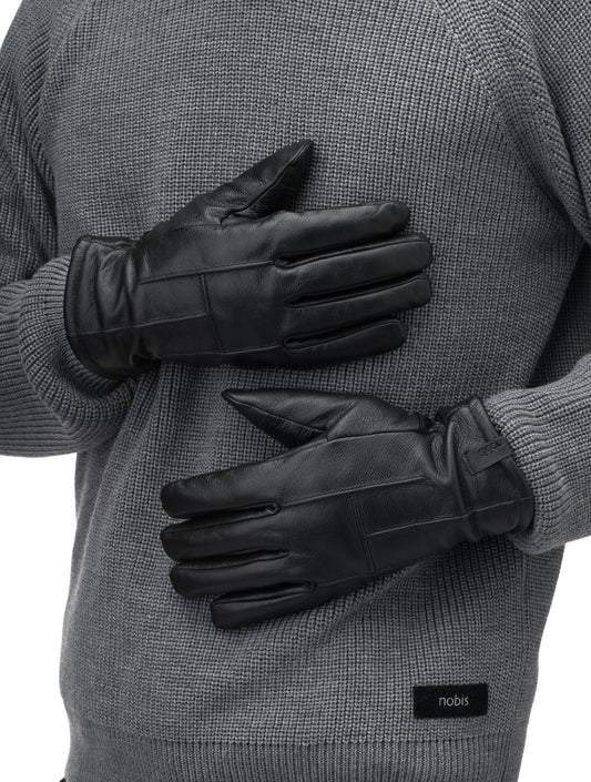 Dale Men's Classic Driving Gloves with lambskin exterior, cashmere lining, touch screen fingertips, and elasticized wrists, in Black + Black