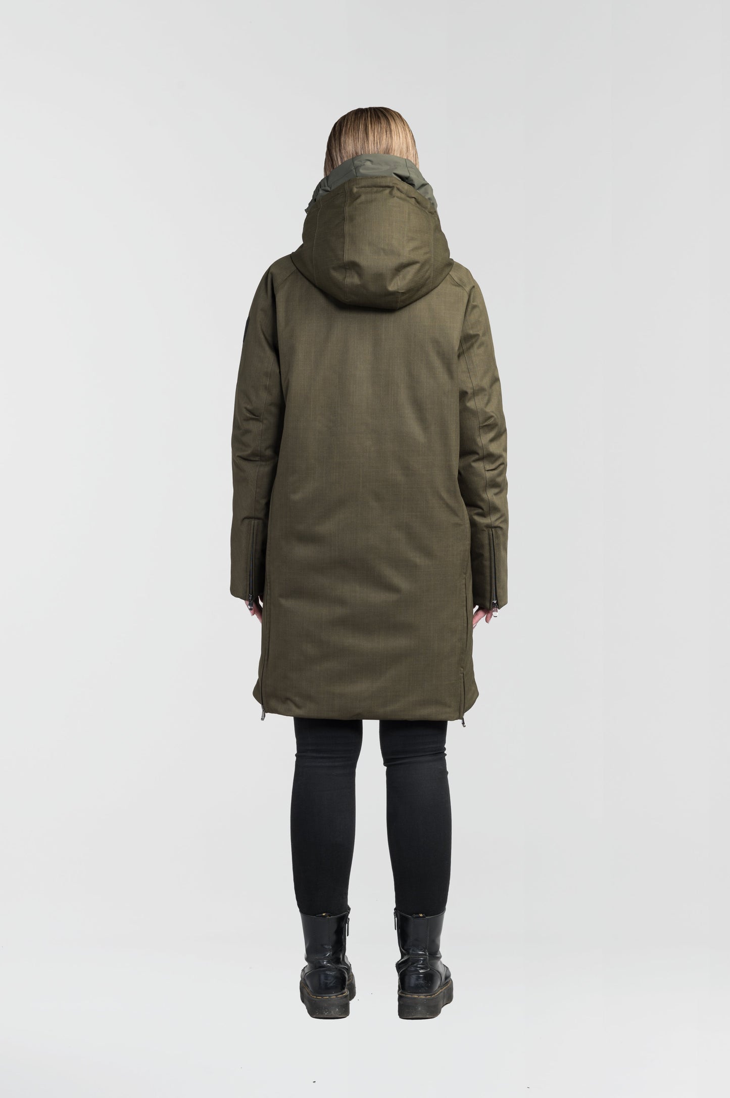 Dory Women's Tailored Back Zip Parka in knee length, premium Crosshatch fabrication, Premium Canadian White Duck Down insulation, non-removable down-filled hood, removable interior hood, centre front two-way zipper with wind flap, vertical zipper detailing along back, in Fatigue