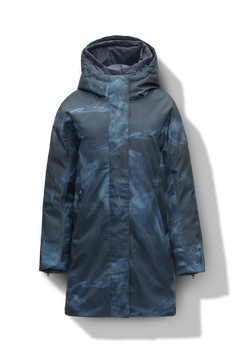 Dory Women's Tailored Back Zip Parka in knee length, premium Crosshatch fabrication, Premium Canadian White Duck Down insulation, non-removable down-filled hood, removable interior hood, centre front two-way zipper with wind flap, vertical zipper detailing along back, in Navy