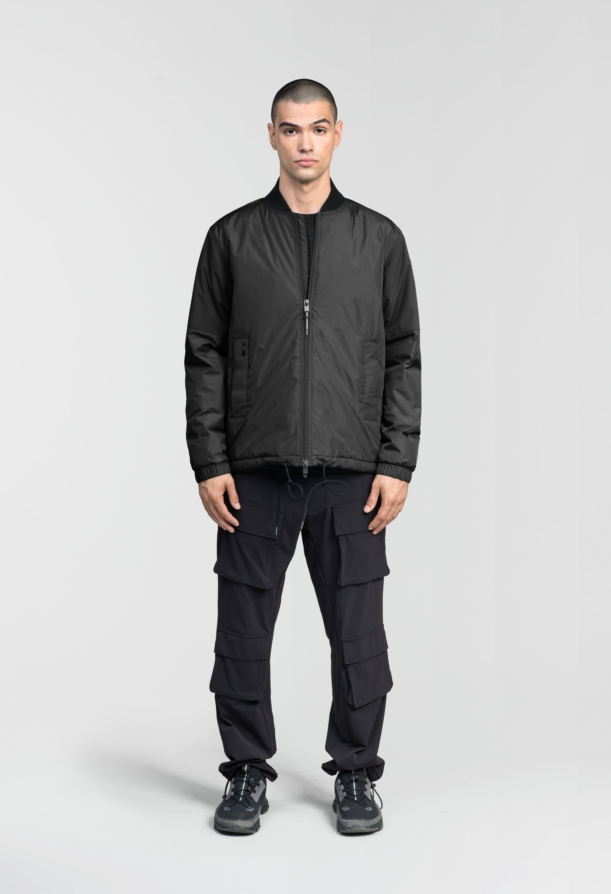 Edgemont Men's Tailored Coach Jacket in hip length, rib knit collar, elastic cuffs, centre front two-wau zipper, single welt waist pockets, adjustable waist drawstring, in Black