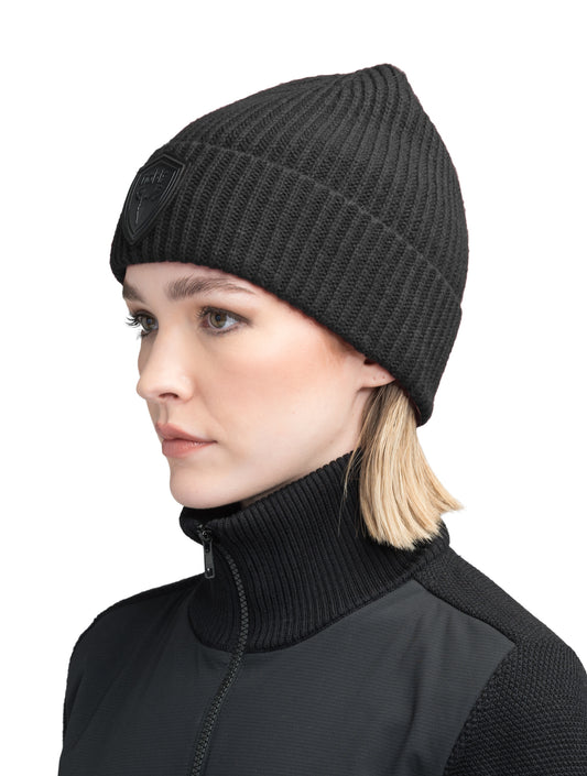 Emer Unisex Tailored Chunky Knit Beanie in extra fine merino wool blend, and black leather Nobis shield logo on cuff, in Black