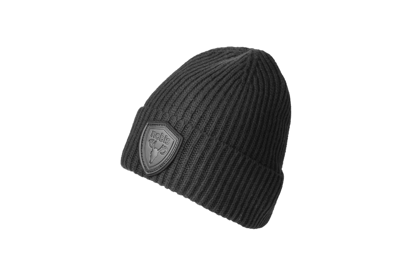 Emer Unisex Tailored Chunky Knit Beanie in extra fine merino wool blend, and black leather Nobis shield logo on cuff, in Black