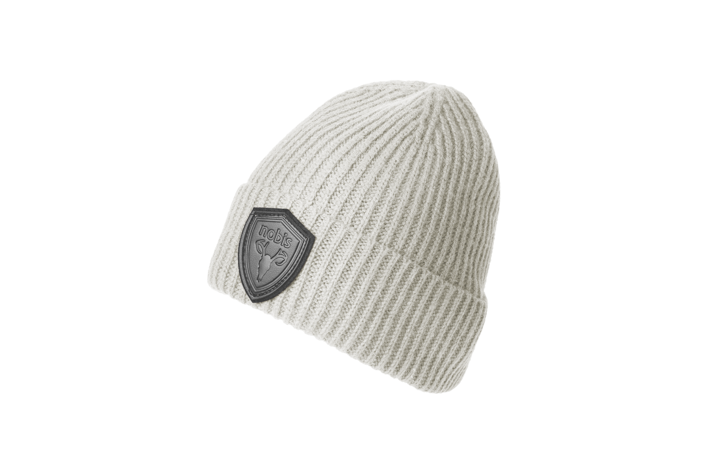Emer Unisex Tailored Chunky Knit Beanie in extra fine merino wool blend, and black leather Nobis shield logo on cuff, in Wheat