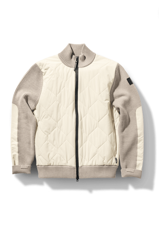 Ero Men's Tailored Hybrid Sweater in hip length, PrimaLoft Gold Insulation Active+, Durable 4-Way Stretch Weave quilted torso, Merino wool knit collar, sleeves, back, and cuffs, two-way front zipper, and hidden waist pockets, in Wheat + Wheat