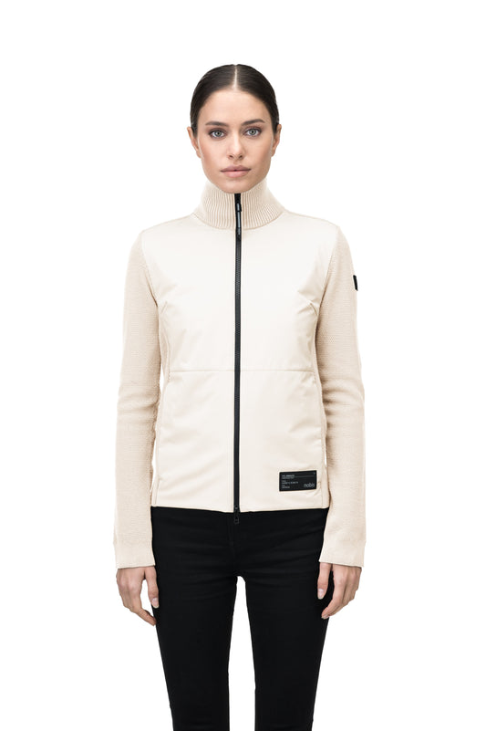 Evo Ladies Performance Full Zip Sweater in hip length, Primaloft Gold Insulation Active+, Merion wool knit collar, sleeves, back, and cuffs, two-way front zipper, and hidden waist pockets, in Chalk + Chalk / XXS