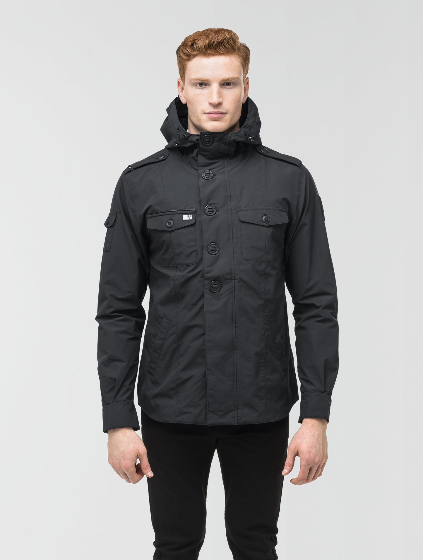 Men's hooded shirt jacket with patch chest pockets in Black