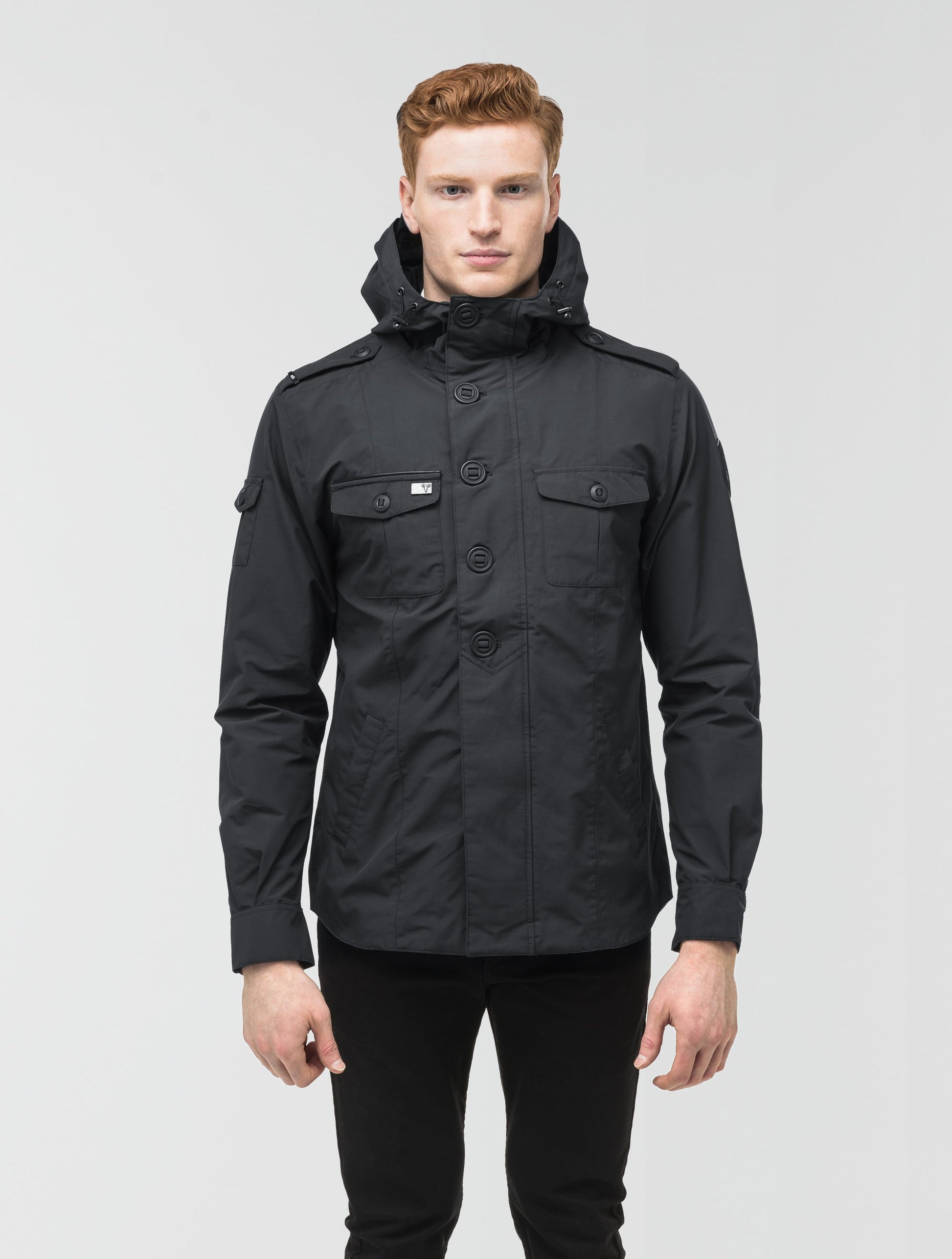 Men's hooded shirt jacket with patch chest pockets in Black
