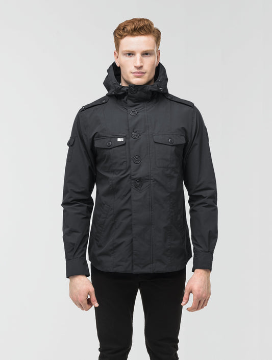 Men's hooded shirt jacket with patch chest pockets in Black