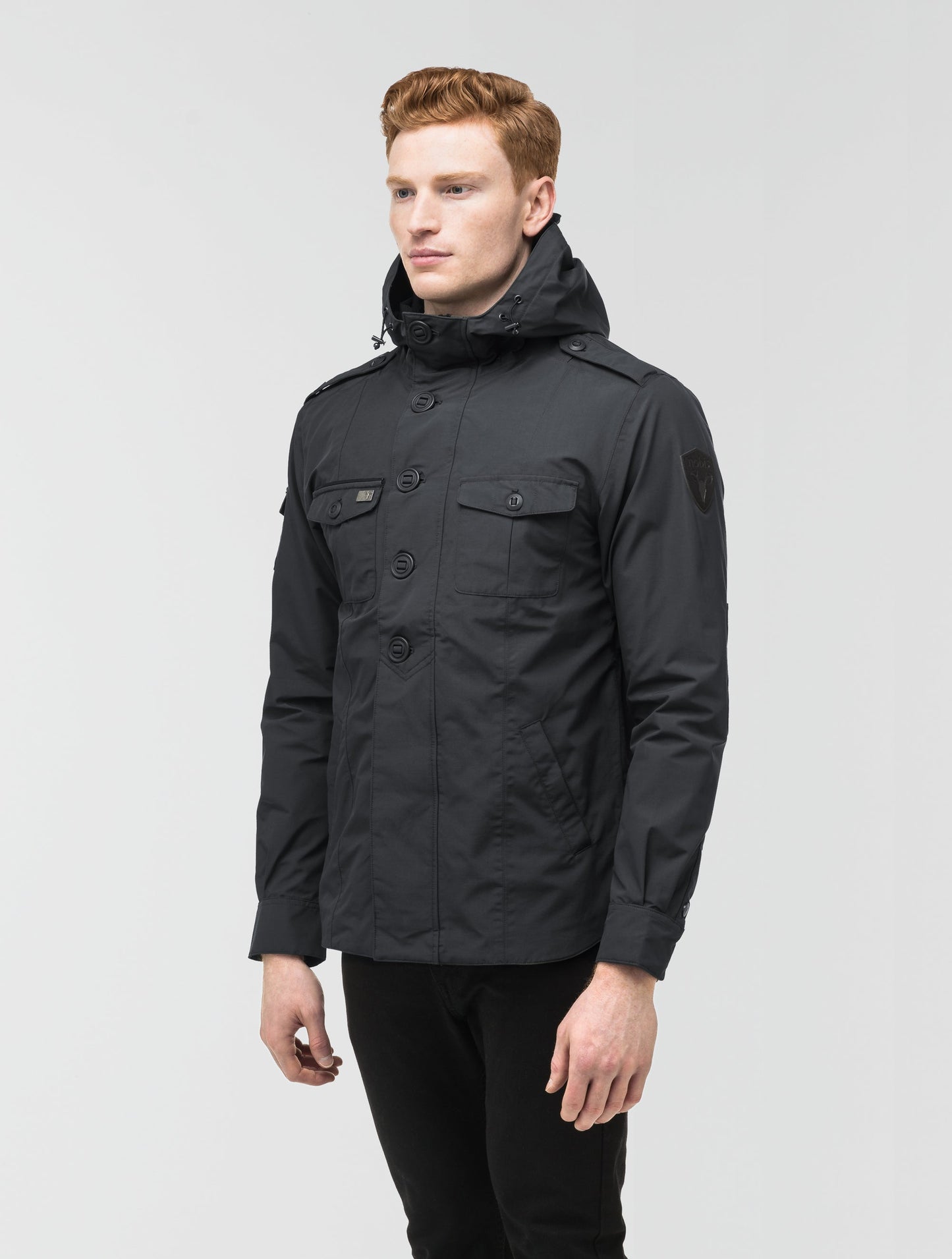 Men's hooded shirt jacket with patch chest pockets in Black