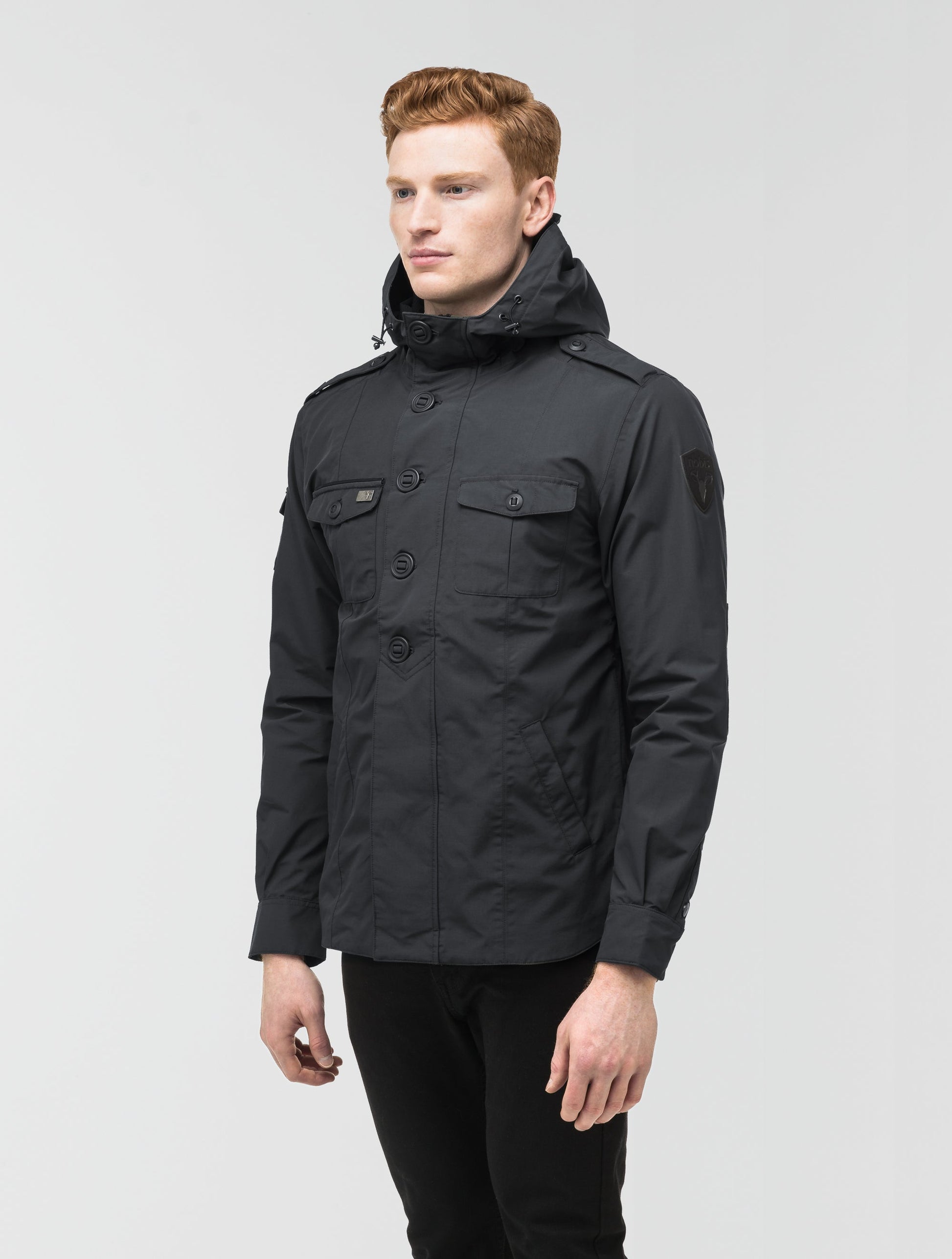Men's hooded shirt jacket with patch chest pockets in Black