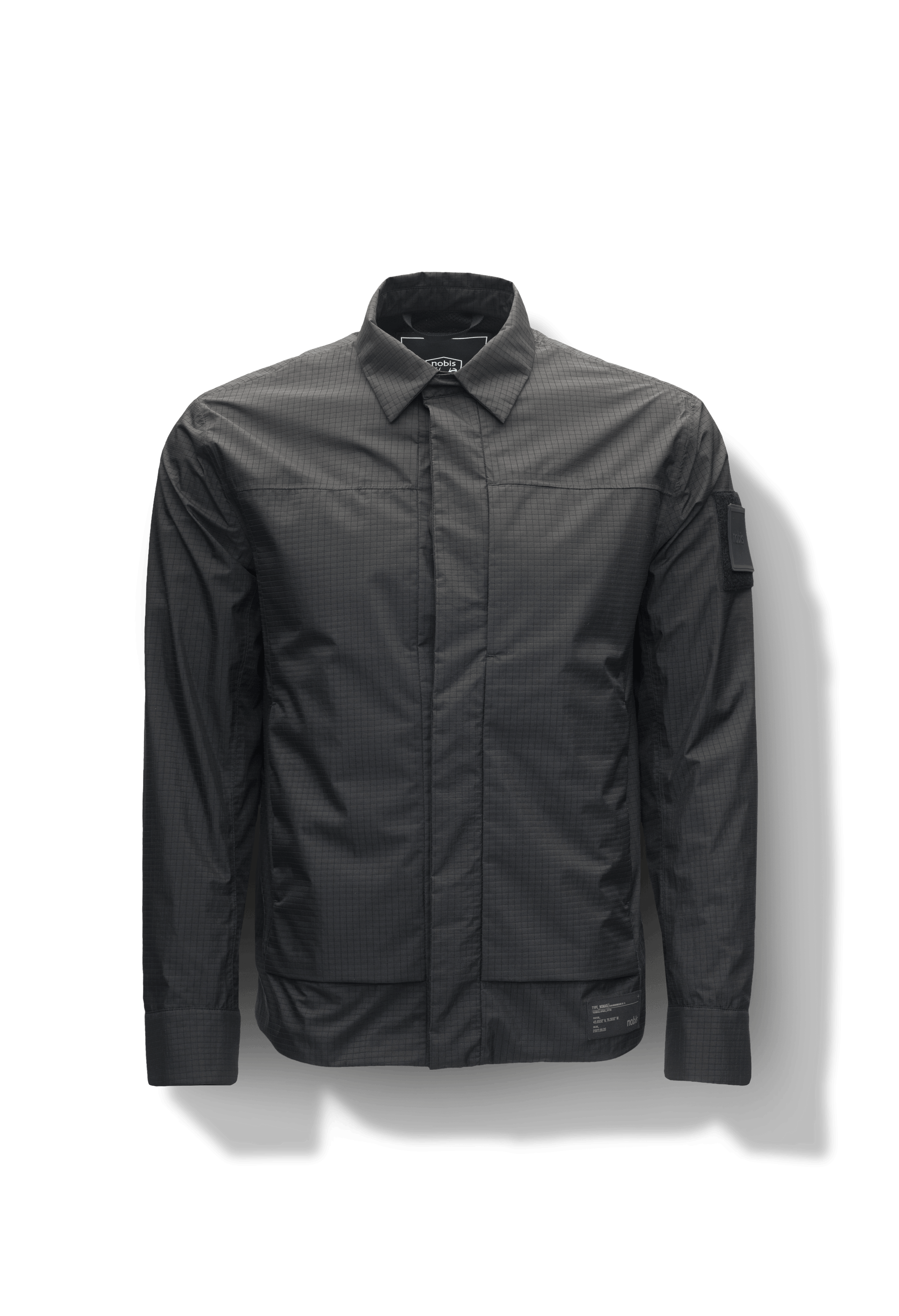 Farson Men's Waterproof Overshirt in Black made from premium recycled polyester ripstop with a DWR coating. Features a concealed snap-button front placket, adjustable snap cuffs, invisible chest zip pocket, dual zippered waist pockets, pit zip ventilation, and seam-sealed construction for enhanced weather protection. Designed in Canada.