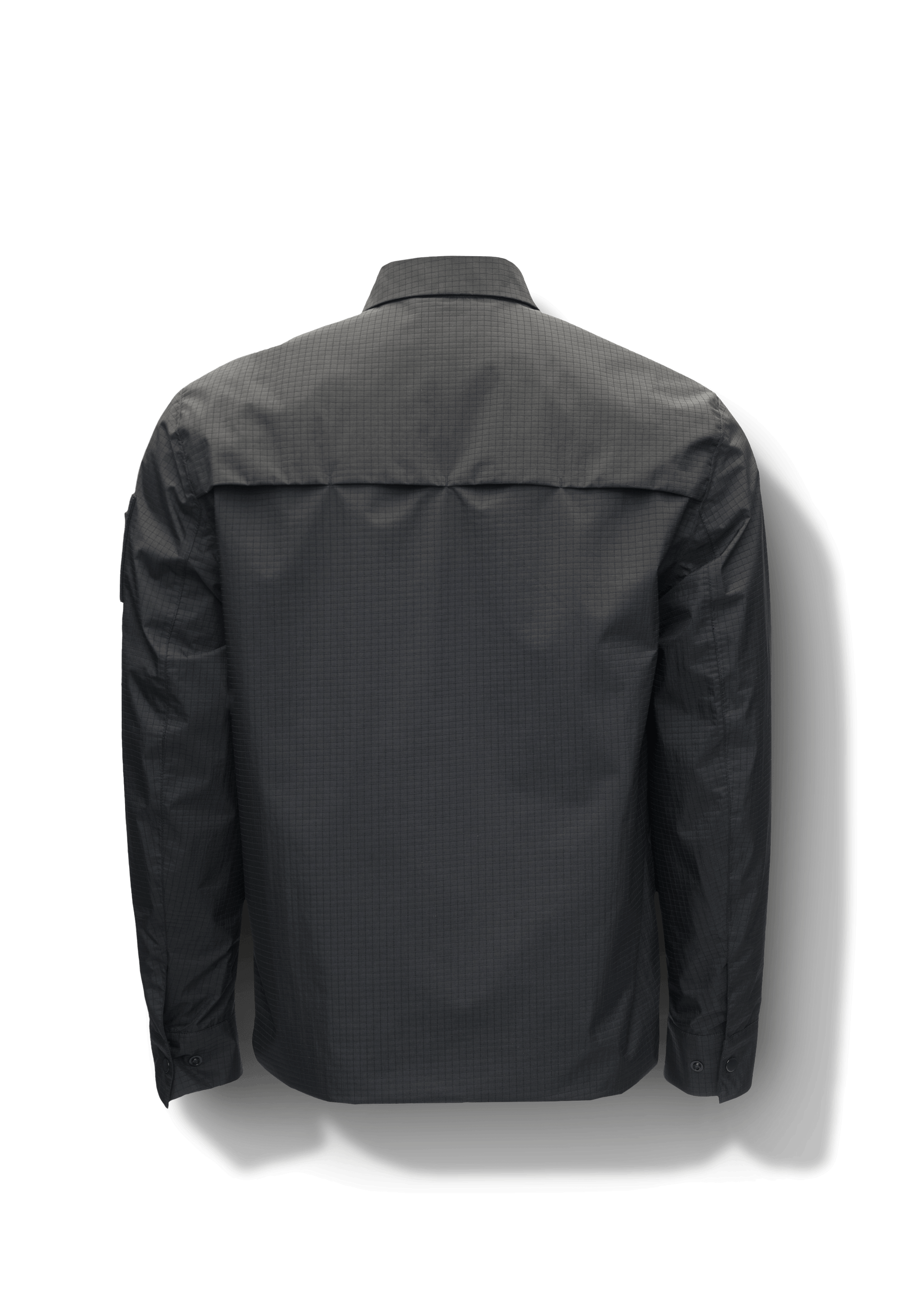 Farson Men's Waterproof Overshirt in Black made from premium recycled polyester ripstop with a DWR coating. Features a concealed snap-button front placket, adjustable snap cuffs, invisible chest zip pocket, dual zippered waist pockets, pit zip ventilation, and seam-sealed construction for enhanced weather protection. Designed in Canada.