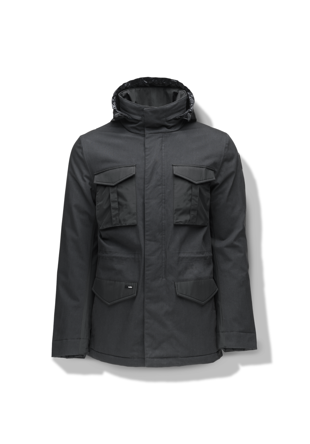 Pelican Men's Tailored Field Jacket in hip length, premium cotton blend and 3-ply micro denier fabrication, Premium Canadian origin White Duck Down insulation, tuck away, waterproof hood in premium cire technical nylon taffeta, two-way centre-front zipper with magnetic wind flap, pit zipper vents, magnetic closure chest and waist flap pockets, hidden adjustable waist drawcord, and action back detailing, in Black