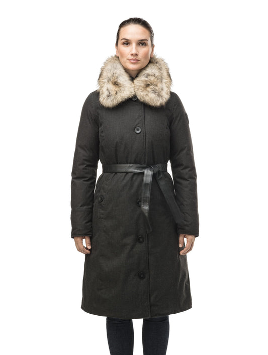 Women's lightweight down filled parka with a removable fur collar and a washable, Japanese DWR Leather belt in H. Charcoal + H. Black