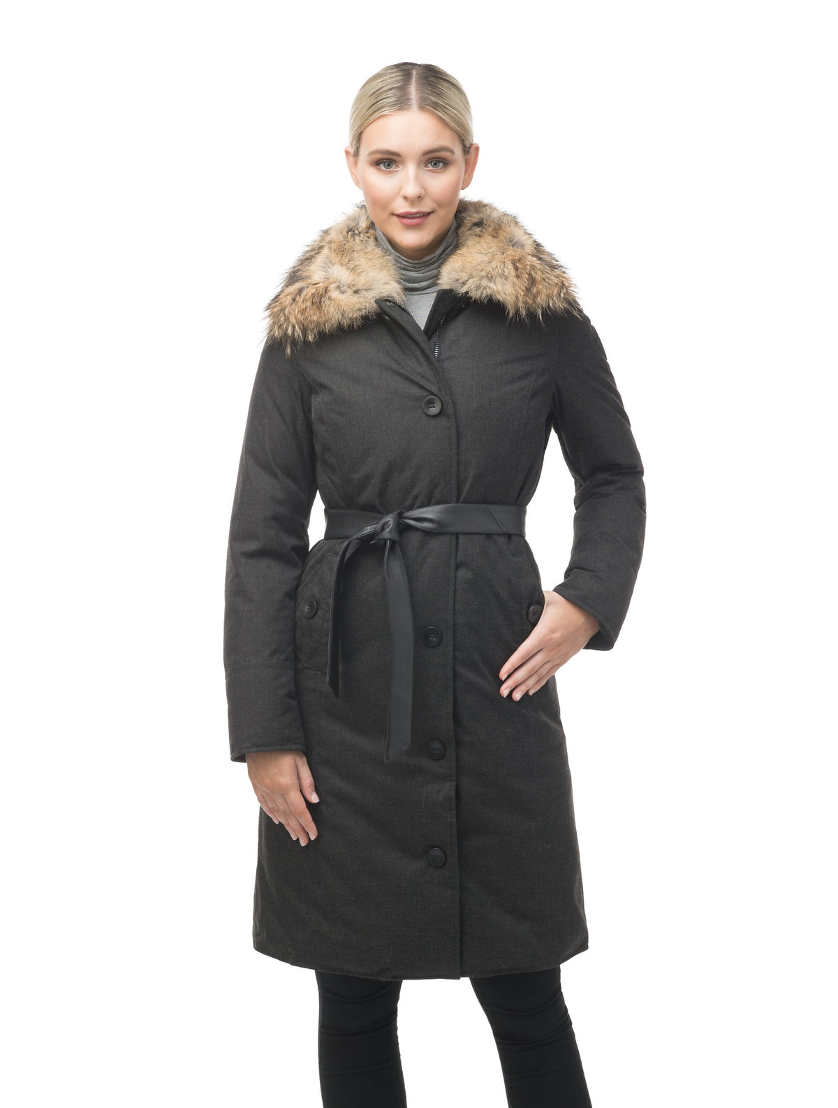 Women's lightweight down filled parka with a removable fur collar and a washable, Japanese DWR Leather belt in Heather Charcoal