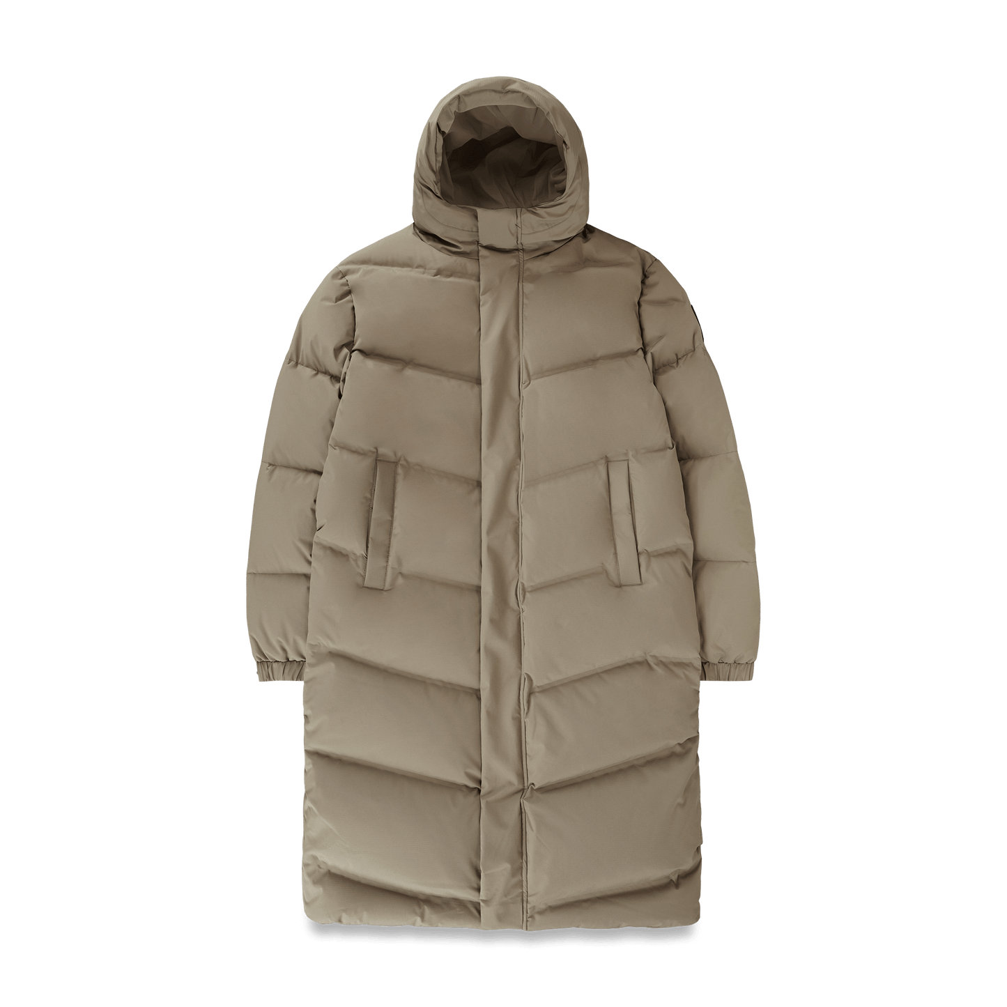 Granger long jacket in Bungee Cord stretch ripstop fabric with DWR coating, insulated with Canadian white duck down and Primaloft. Features a two-way zipper, magnetic closure, and adjustable cuffs for warmth and weather protection.