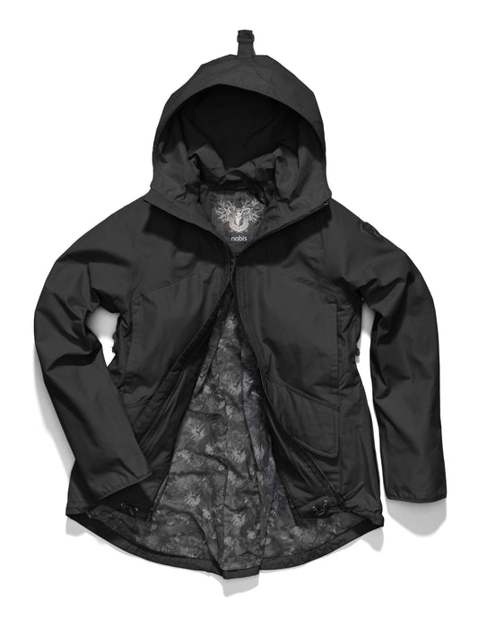 Women's hooded rain jacket with high low hem in Black + Black