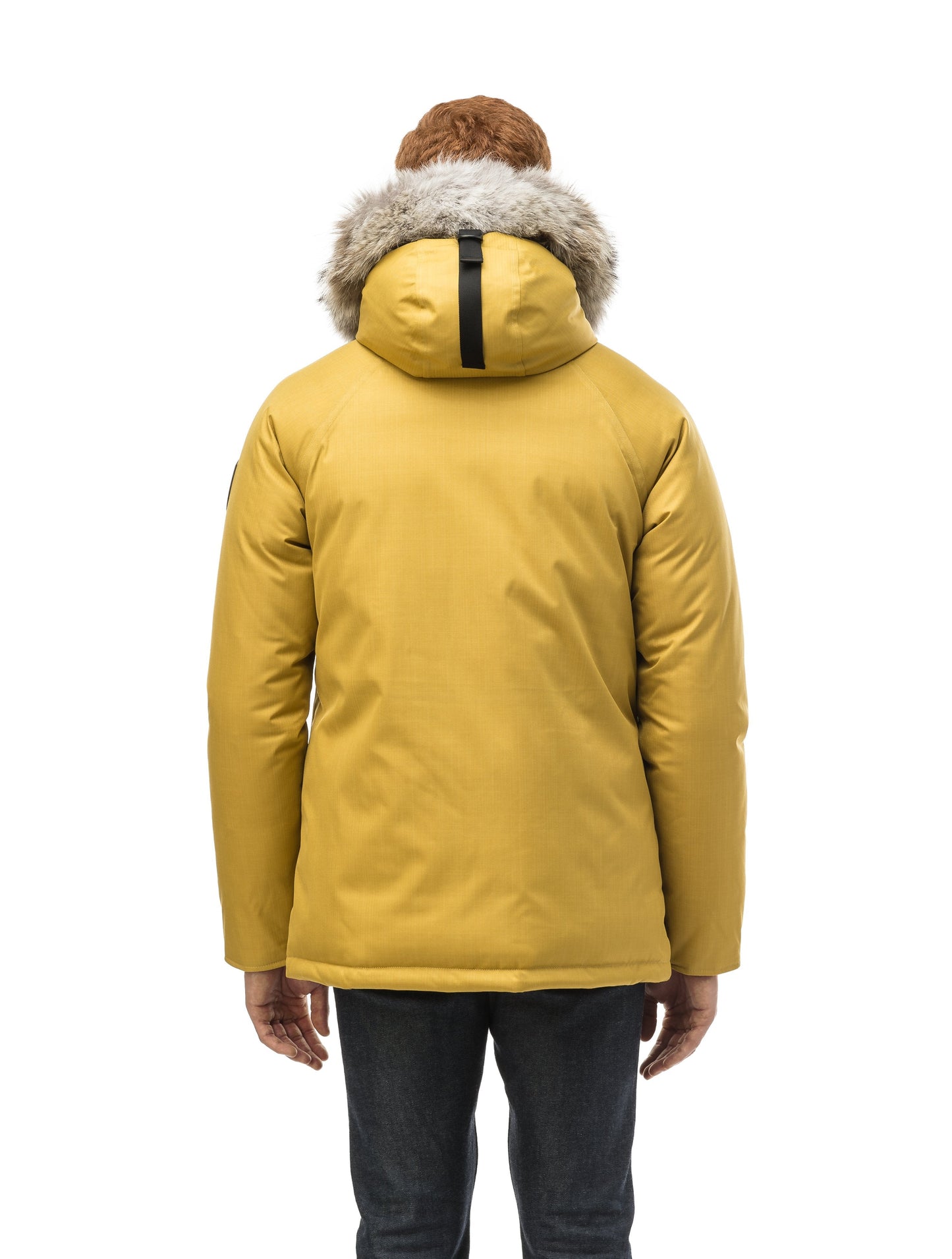 Men's waist length down filled jacket with two front pockets with magnetic closure and a removable fur trim on the hood in CH Yellow