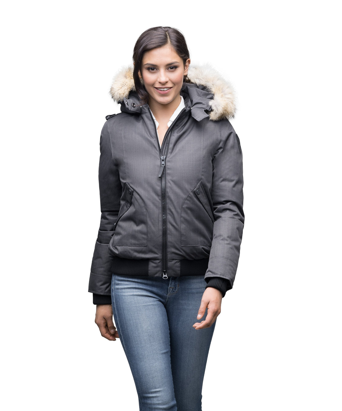 Women's bomber style down filled jacket with a removable hood and fur trim in Steel Grey