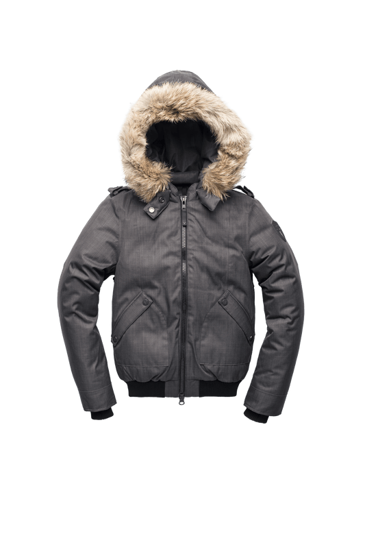 Women's bomber style down filled jacket with a removable hood and fur trim in CH Steel Grey + CH Steel Grey