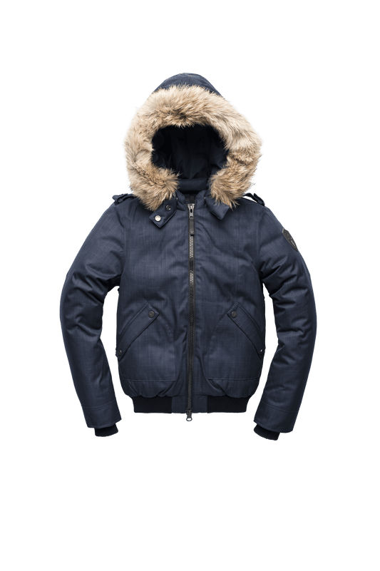 Women's bomber style down filled jacket with a removable hood and fur trim in CH Navy + CH Navy