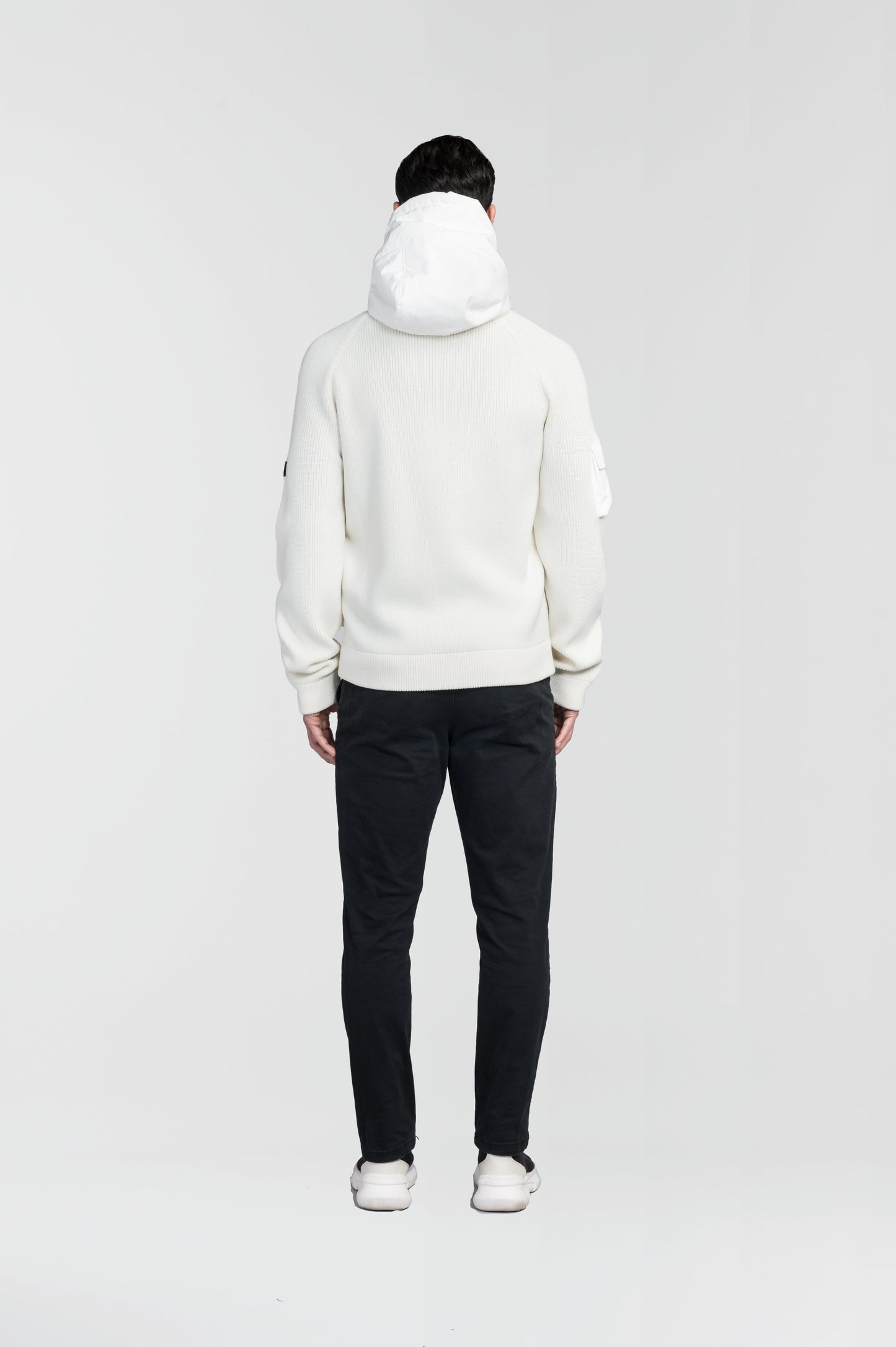 Hedge Men's Performance Hoodie in hip length, premium 3-ply micro denier and 100% virgin extra fine merino wool knit fabrication, Primaloft Gold Insulation Active+, non-removable hood with adjustable drawstrings, two-way centre-front zipper, magnetic closure side-entry pockets at waist, in Chalk