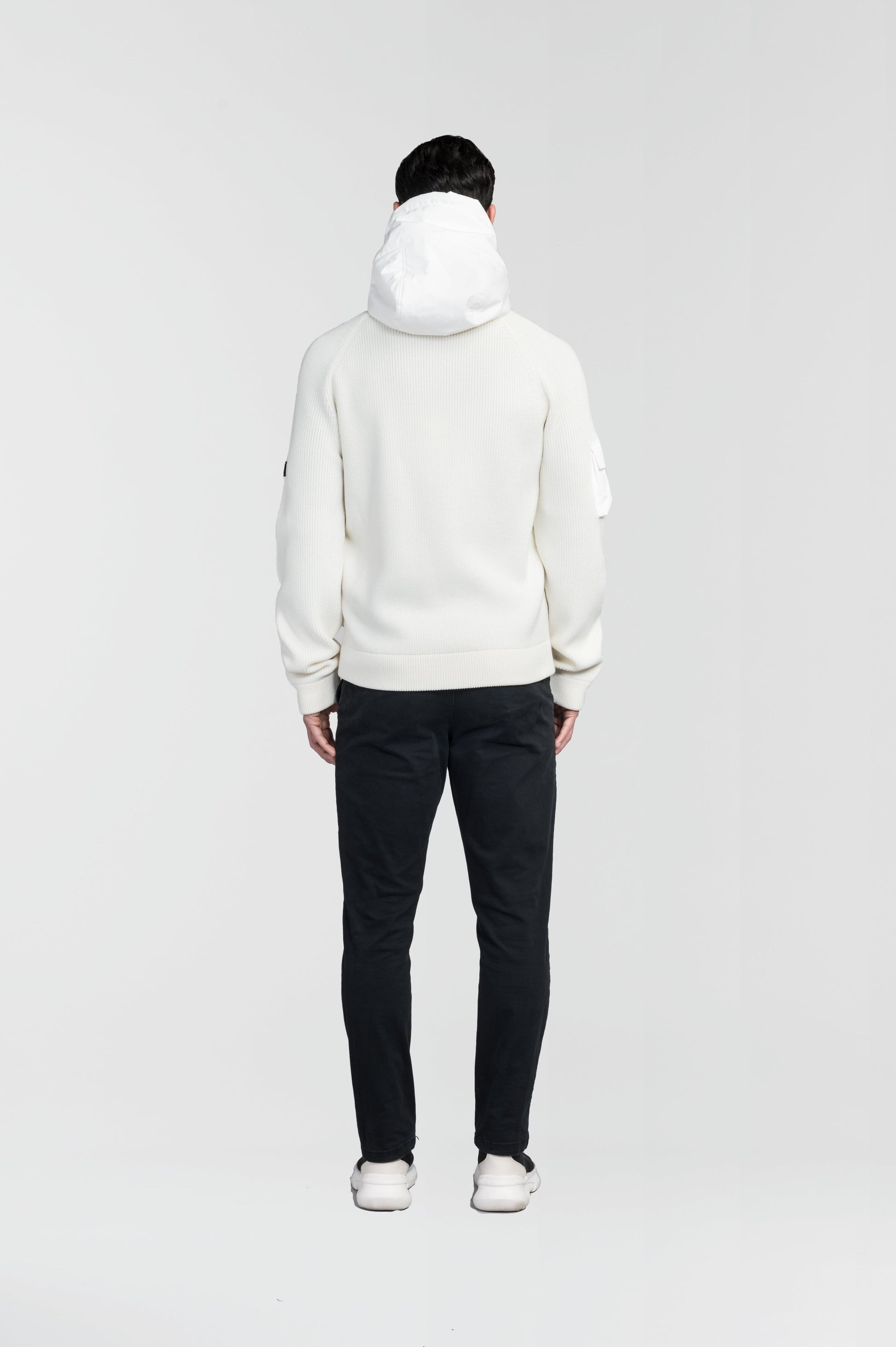 Hedge Men's Performance Hoodie in hip length, premium 3-ply micro denier and 100% virgin extra fine merino wool knit fabrication, Primaloft Gold Insulation Active+, non-removable hood with adjustable drawstrings, two-way centre-front zipper, magnetic closure side-entry pockets at waist, in Chalk