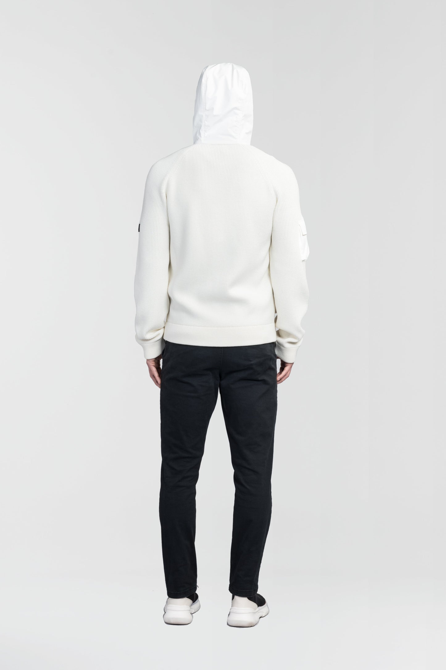 Hedge Men's Performance Hoodie in hip length, premium 3-ply micro denier and 100% virgin extra fine merino wool knit fabrication, Primaloft Gold Insulation Active+, non-removable hood with adjustable drawstrings, two-way centre-front zipper, magnetic closure side-entry pockets at waist, in Chalk