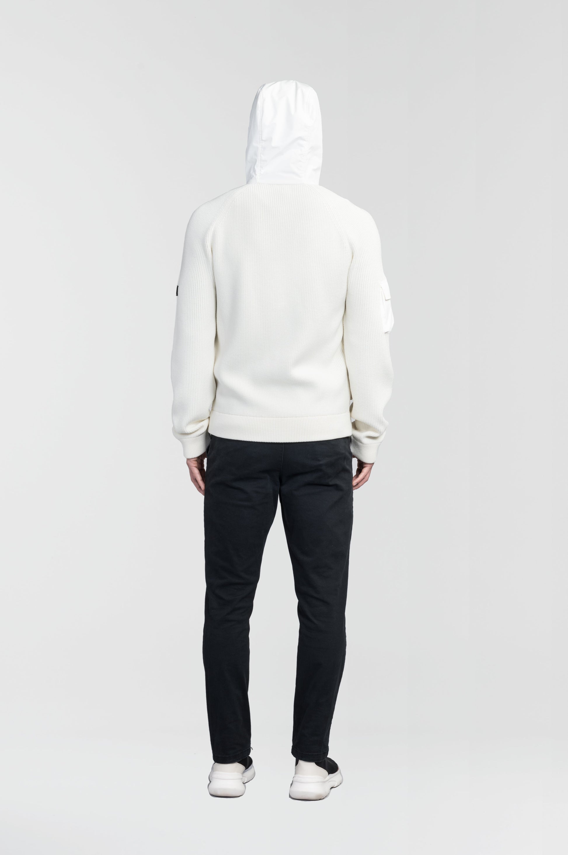 Hedge Men's Performance Hoodie in hip length, premium 3-ply micro denier and 100% virgin extra fine merino wool knit fabrication, Primaloft Gold Insulation Active+, non-removable hood with adjustable drawstrings, two-way centre-front zipper, magnetic closure side-entry pockets at waist, in Chalk