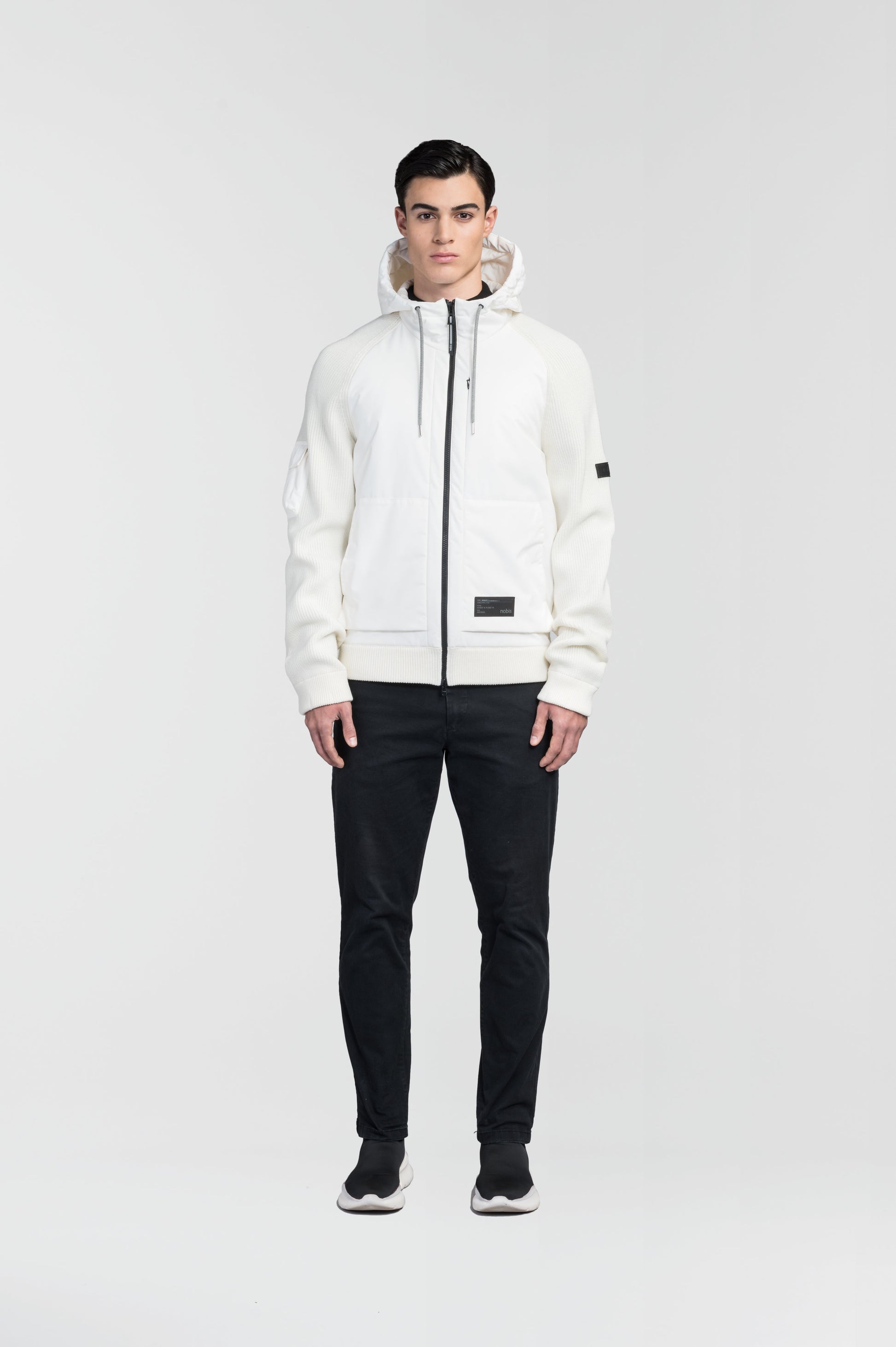 Hedge Men's Performance Hoodie in hip length, premium 3-ply micro denier and 100% virgin extra fine merino wool knit fabrication, Primaloft Gold Insulation Active+, non-removable hood with adjustable drawstrings, two-way centre-front zipper, magnetic closure side-entry pockets at waist, in Chalk