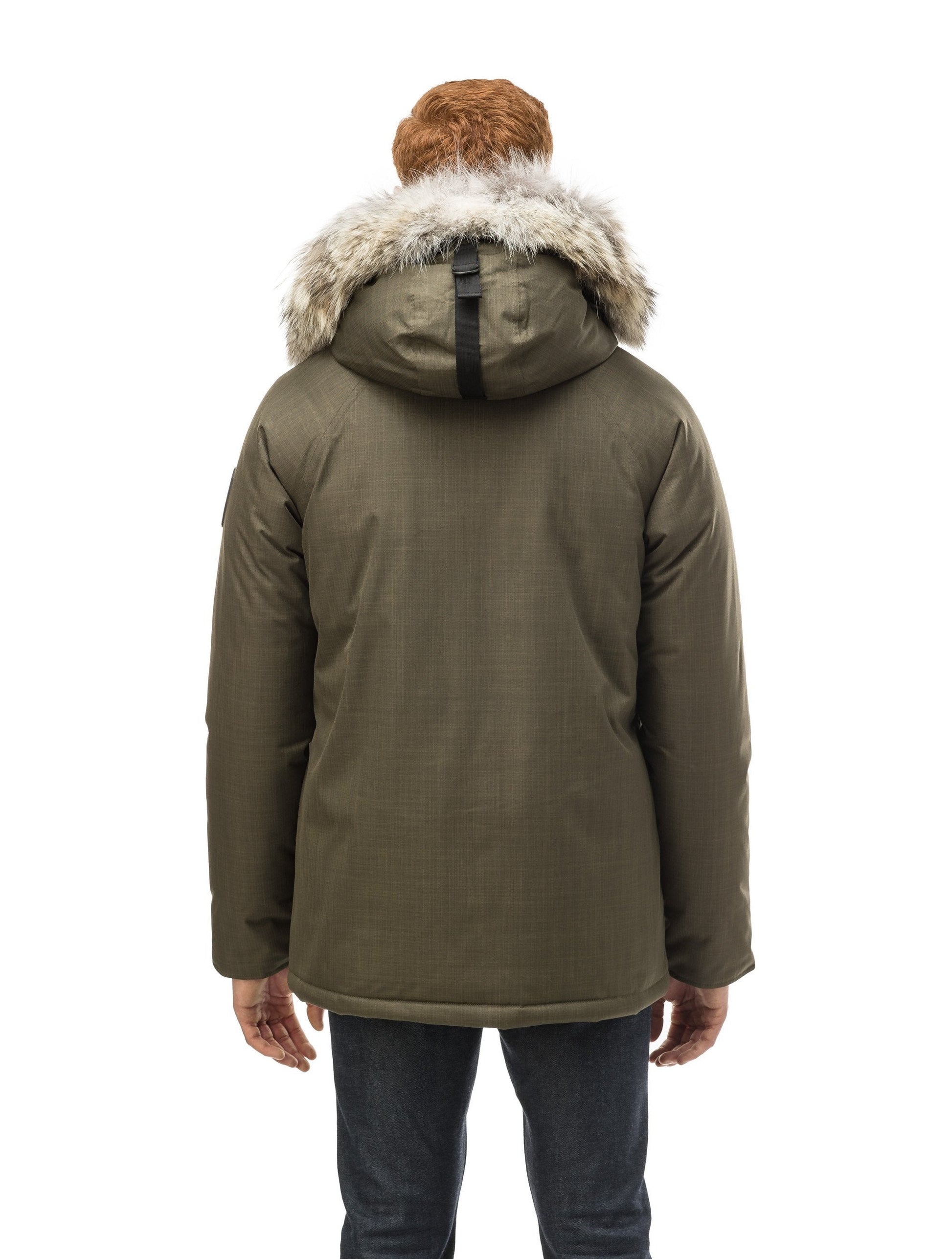 Men's waist length down filled jacket with two front pockets with magnetic closure and a removable fur trim on the hood in CH Army Green