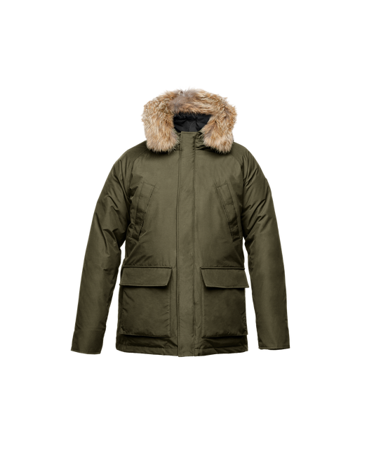 Men's waist length down filled jacket with two front pockets with magnetic closure and a removable fur trim on the hood in CH Fatigue + CH Fatigue