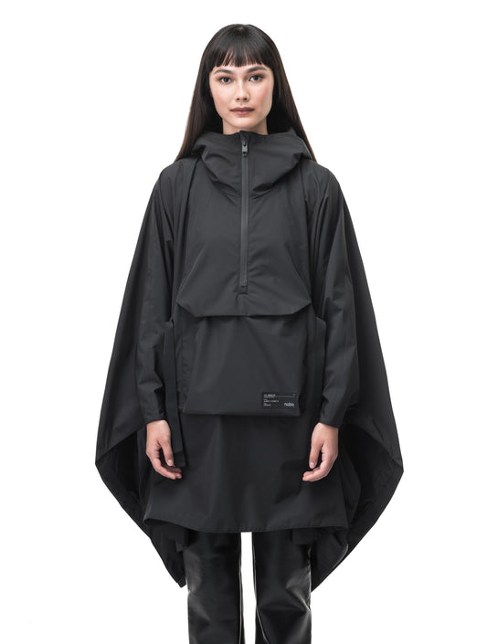 Hydra Unisex Performance Poncho in thigh length, non-removable hood, vertical half-zipper along centre front collar, hidden side-entry waist zipper pockets, adjustable webbing straps and snap closure cuffs, and packable to front kangaroo pocket with flap opening, in Black + Black