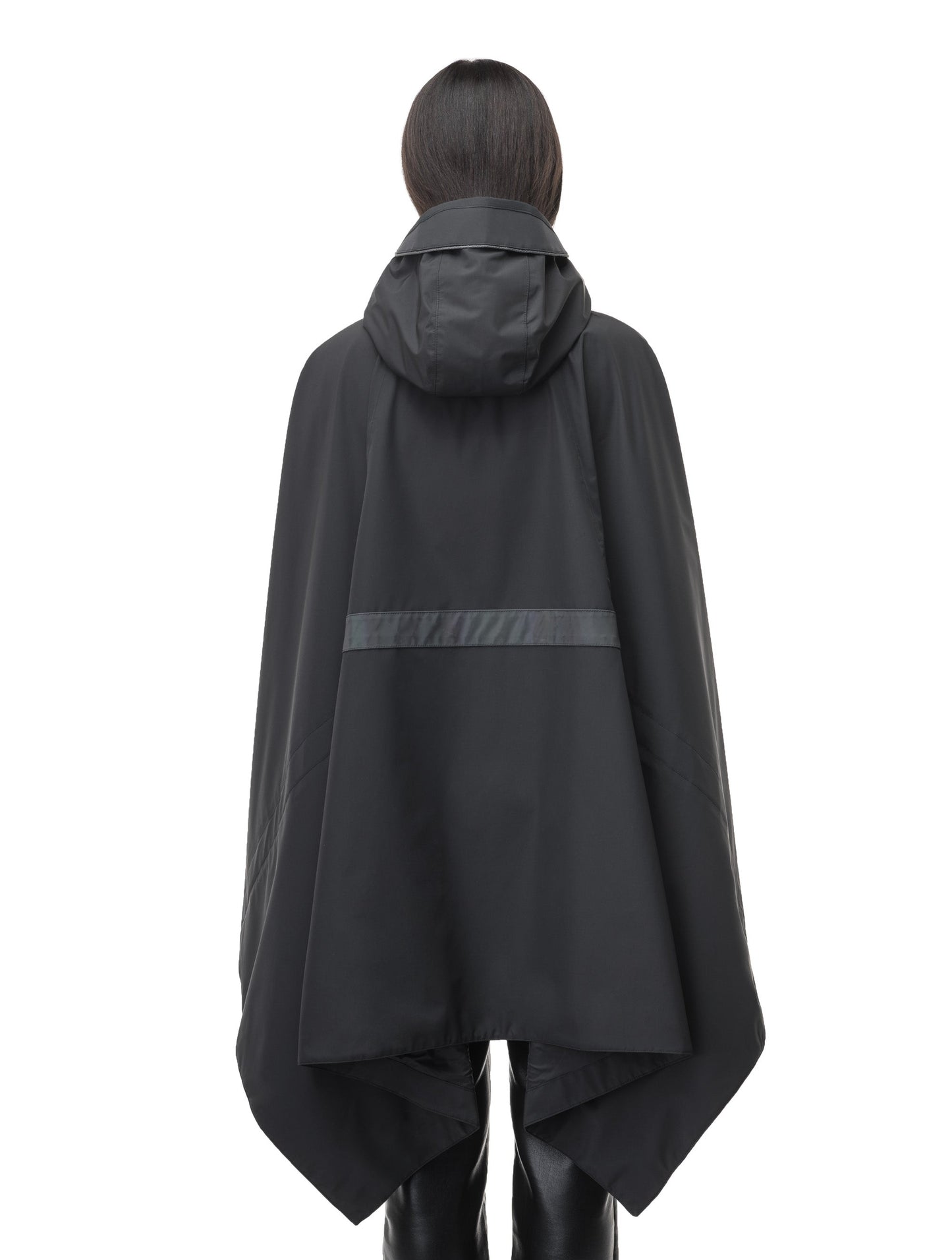 Hydra Unisex Performance Poncho in thigh length, non-removable hood, vertical half-zipper along centre front collar, hidden side-entry waist zipper pockets, adjustable webbing straps and snap closure cuffs, and packable to front kangaroo pocket with flap opening, in Black