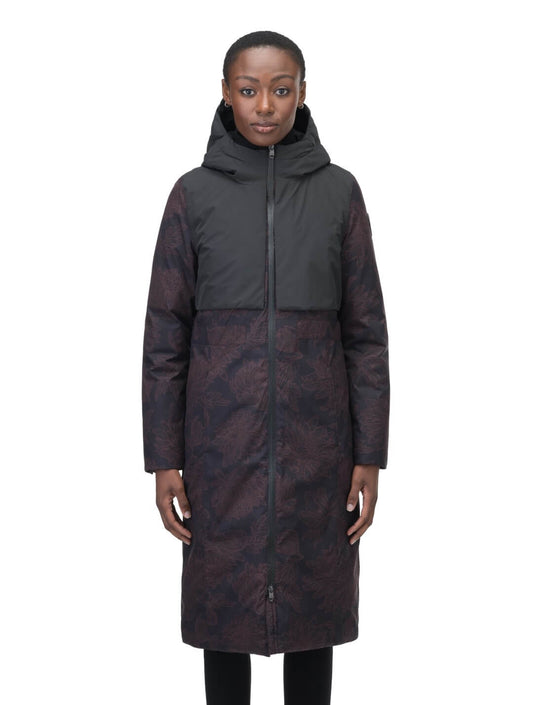 Iris Ladies Long Parka in below the knee length, Canadian duck down insulation, non-removable hood, and two-way zipper, in Dark Floral + Dark Floral