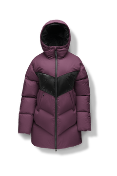 Isla Women's Chevron Quilted Puffer Jacket in thigh length, premium technical nylon taffeta fabrication, Premium Canadian origin White Duck Down insulation, non-removable down-filled hood, two-way centre-front zipper, zipper pockets at waist, contrast cire technical nylon taffeta detailing on chest and back, in Potent Purple