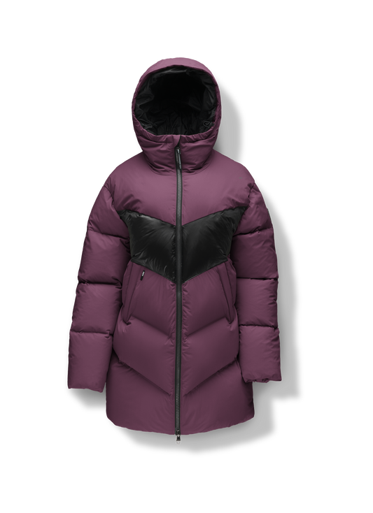 Isla Women's Chevron Quilted Puffer Jacket in thigh length, premium technical nylon taffeta fabrication, Premium Canadian origin White Duck Down insulation, non-removable down-filled hood, two-way centre-front zipper, zipper pockets at waist, contrast cire technical nylon taffeta detailing on chest and back, in Potent Purple + Potent Purple