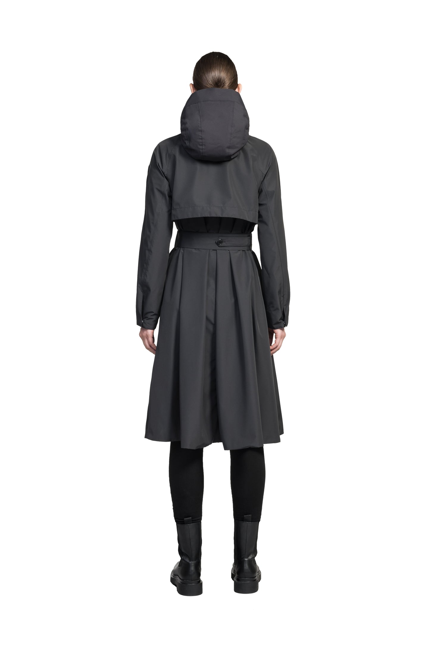 Ivy Ladies Tailored Trench Coat in knee length, 3-Ply Micro Denier fabrication, retractable non-removable hood, front wind flap with snap button closure, removable belt, and adjustable snap cuffs, in Black