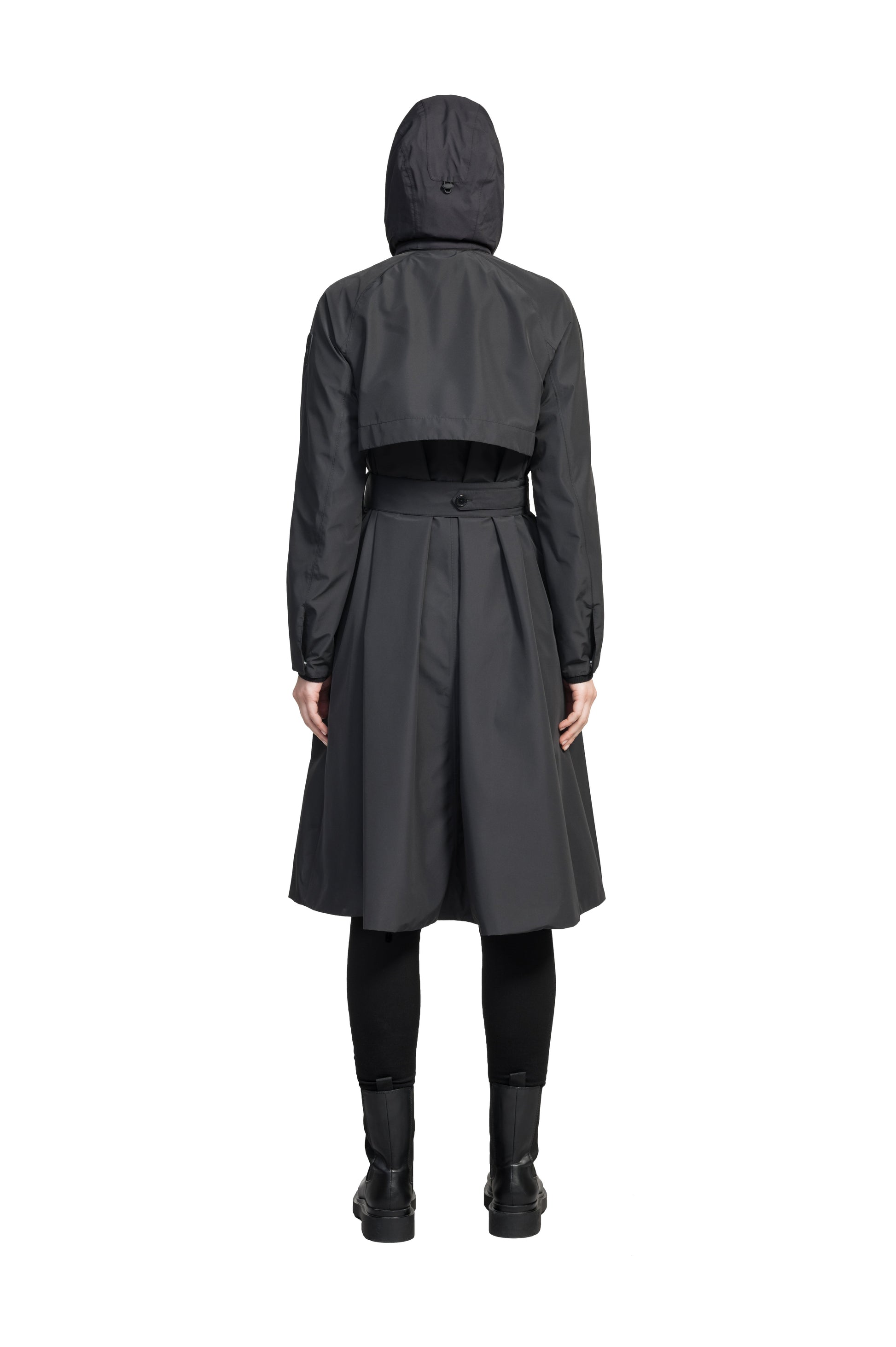 Ivy Ladies Tailored Trench Coat in knee length, 3-Ply Micro Denier fabrication, retractable non-removable hood, front wind flap with snap button closure, removable belt, and adjustable snap cuffs, in Black
