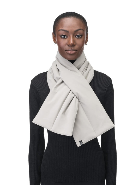 Kara Unisex Quilted Scarf with synthetic down fill, and pull-through slit fastening, in Clay + Clay