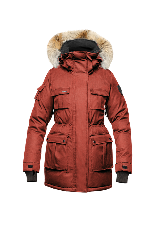 Kid's knee length parka with magnetized closure in CH Red