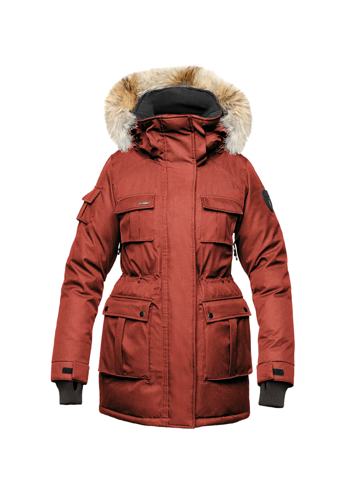 Kid's knee length parka with magnetized closure in Red